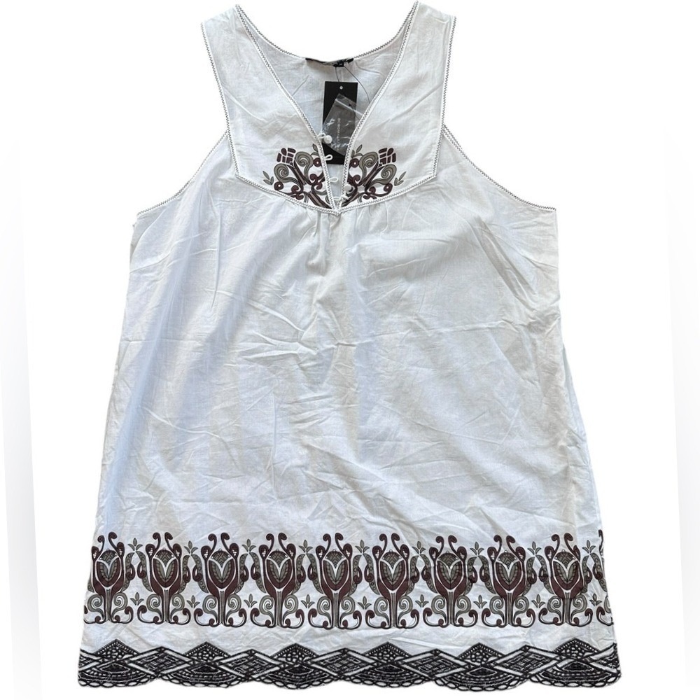 BCBG Max Azria Tunic Women XL White NWT Embroidered Sleeveless Cotton Top Flawed